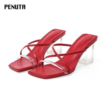 

2020 PENUTA Transparent High Heel Women Shoes Square Toe Mules Genuine Leather Ladies Slippers New Fashion Korean Slides T0051