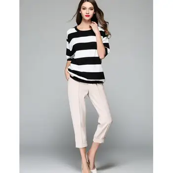 

2020 new style, Short Sleeve Women's simple round neck large stripe sweater