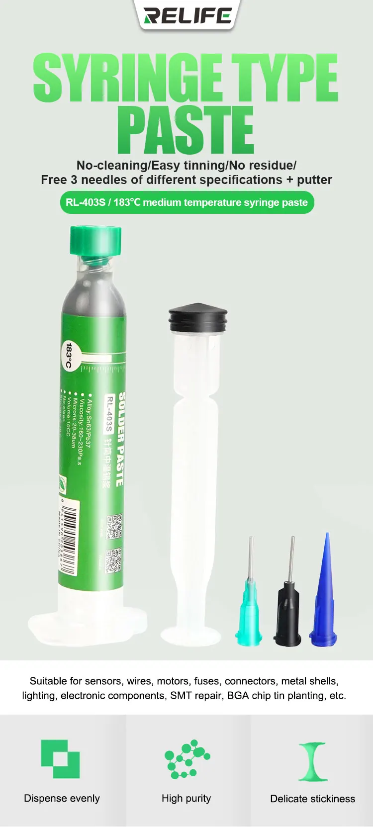 RELIFE BGA Tin Soldering Paste 138℃/183℃/227℃ Lead-Free Low/Medium/High Temperature PCB Repair Welding Flux Syringe Type Solder aluminum electrode