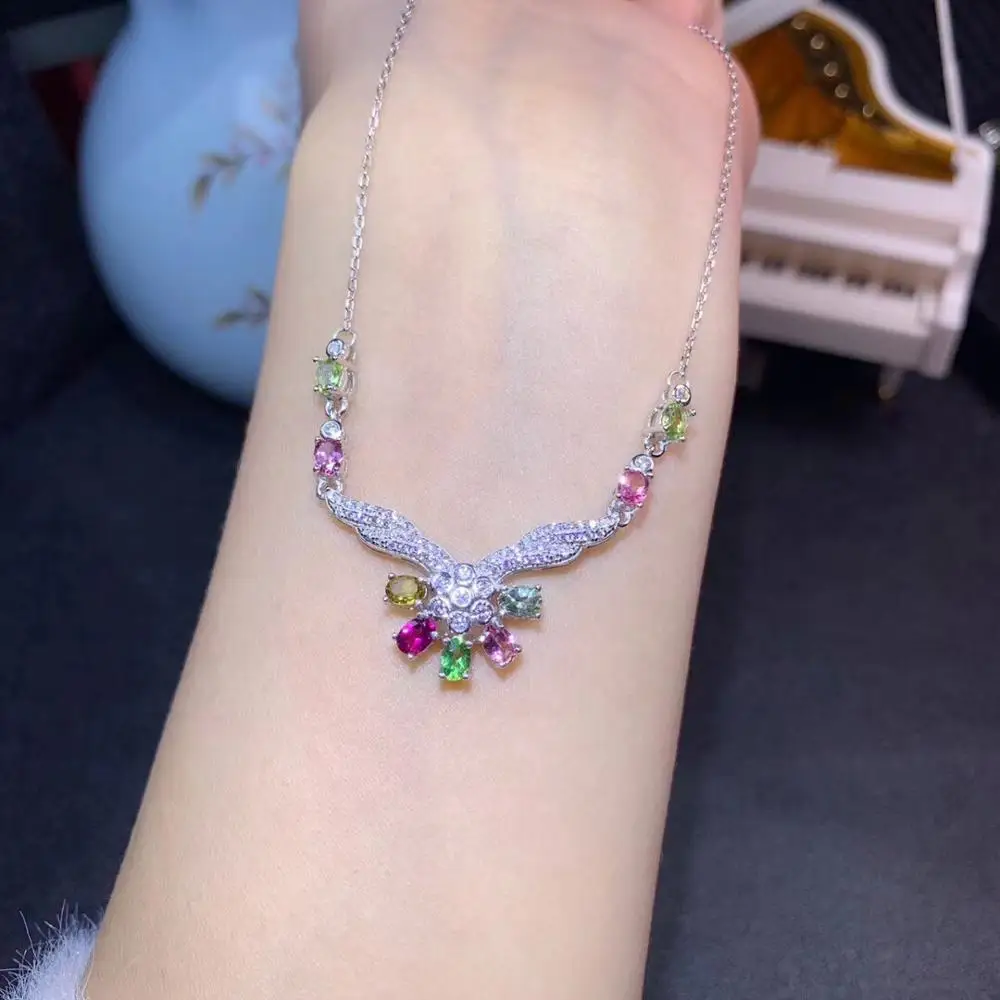

MGS21 exquisite colorful tourmaline gemstone necklace 925 Sterling silver natural gem many gem colorful girl birthday gift
