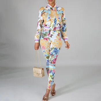 

2020 Pantsuit Floral Printed Womens 2 Two Piece Set Long Sleeve Top And Pants Casual Office Ladies Streetwear Plus Size Outfis