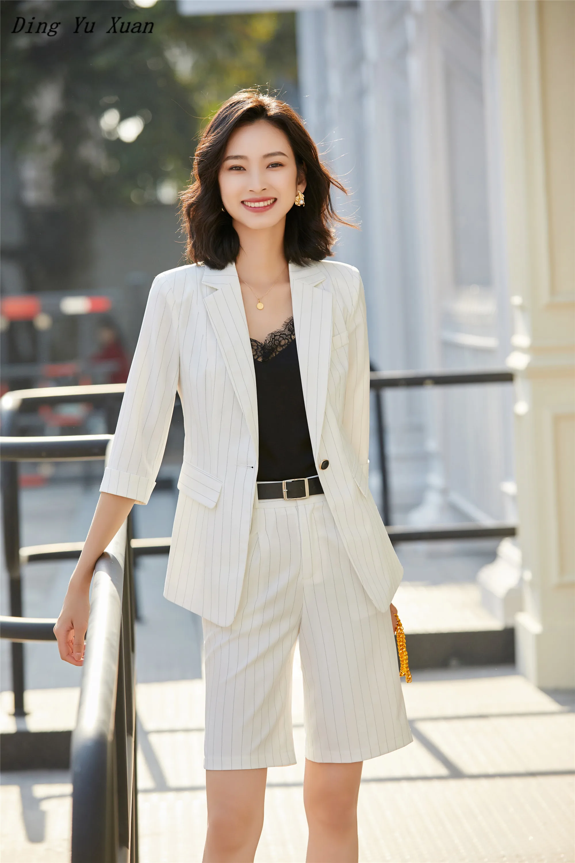 Half Sleeve Blazer and Shorts Two 2 Piece Set Suite Women 2020 New Summer Black White Red Striped Office Work Short Pants Suits