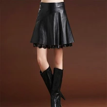 Женская черная юбка большого размера, Женская Зимняя юбка, Дамская Осенняя кожаная юбка с высокой талией, полиуретановая кружевная облегающая трапециевидная юбка