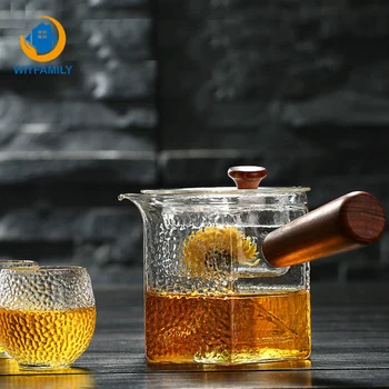 

Heat-resistant Clear Teapot Borosilicate Glass Tea Pot Tool Kettle Filtered Office Set Wooden Handle Vertical Side Handmade