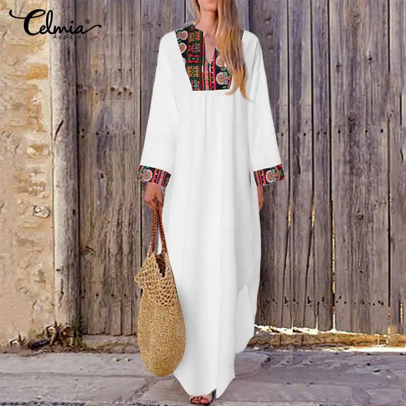 

Celmia Women Vintage Maxi Long Dress 2019 Autumn Casual V Neck Long Sleeve Split Loose Print Party Vestidos Kaftan Plus Size 5XL