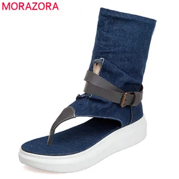 

MORAZORA 2020 gladiator sandals women denim slip on flip flops summer casual shoes comfortable flat platform sandals woman