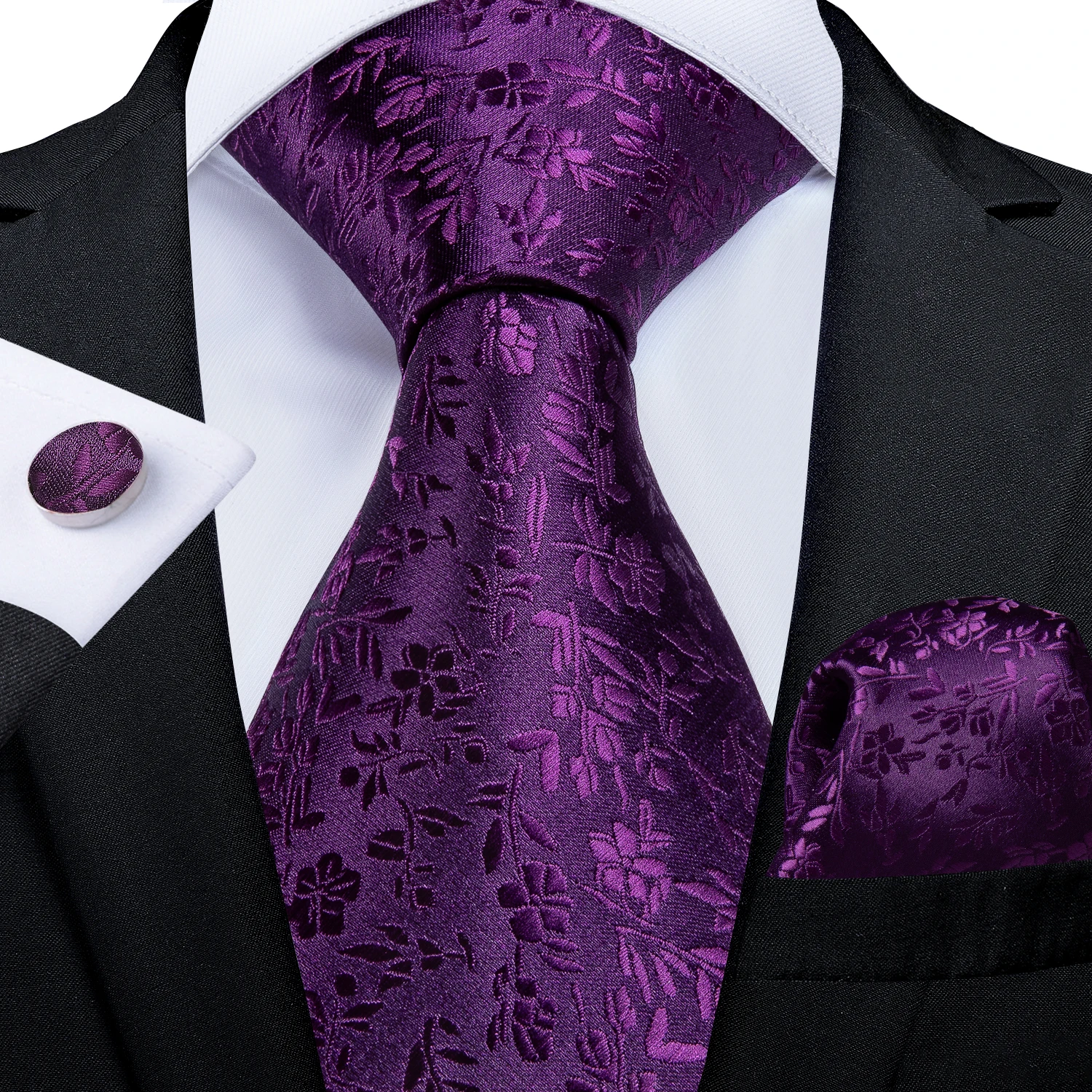 Purple Floral Silk Necktie For Men Pocket Square Set