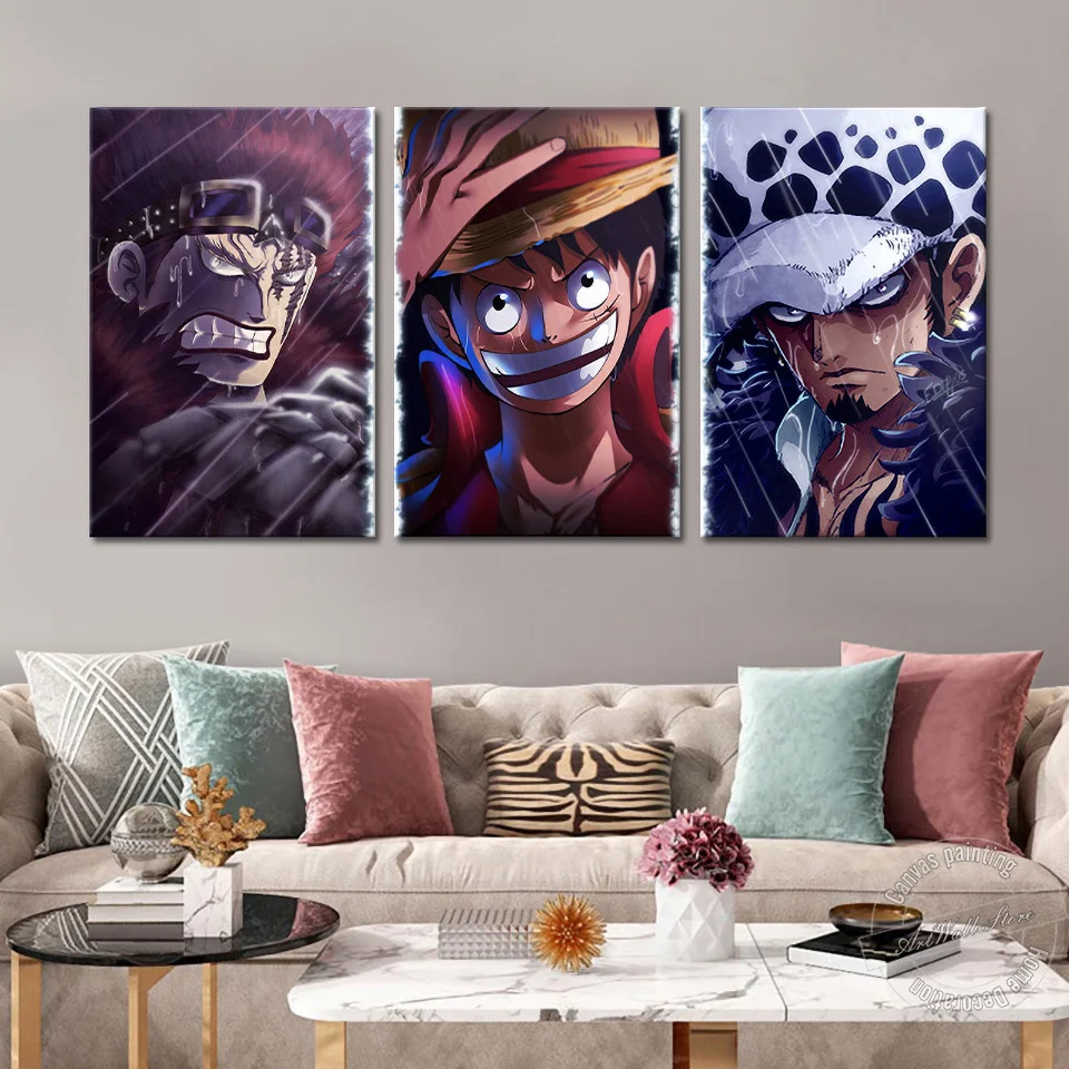 Unframed 3 Piece Cartoon Painting Anime One Piece HD Print Poster Luffy Kid and Law Wall Picture for Living Room Decor Gifts