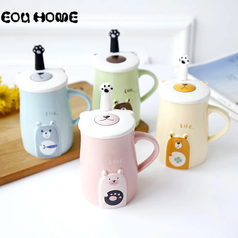 Cute Cartoon Ceramic Mug with Lid and Spoon Creative Coffee Cup Student Childrens Couple Milk Cups Mugs Office Drinking | Дом и сад