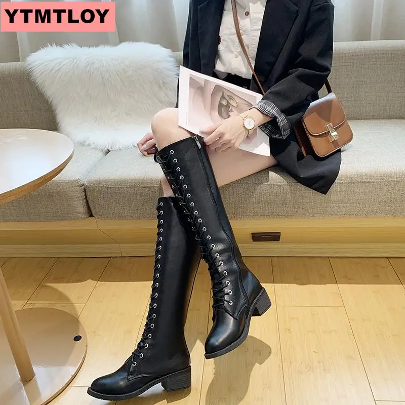 Cena Moda buty do kolan buty zimowe damskie czarny sexy PU grube szpilki długie buty grube z okrągłą głowę z boku na zamek błyskawiczny kobiety jest buty