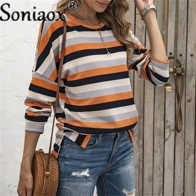 2021 Autumn Winter Women Plush Round Neck All-Match Fashion Hooded Casual Loose Oversized Stripe Printing Warm Ladies Sweatshirt