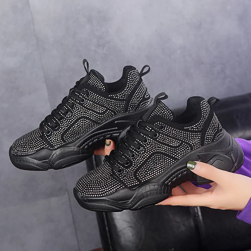 

Black Crystal Chunky Sneakers Women 2019 Autumn Rhinestone Thick Sole Platform Sneakers Lightweight Polyurethane Sole Dad Shoes