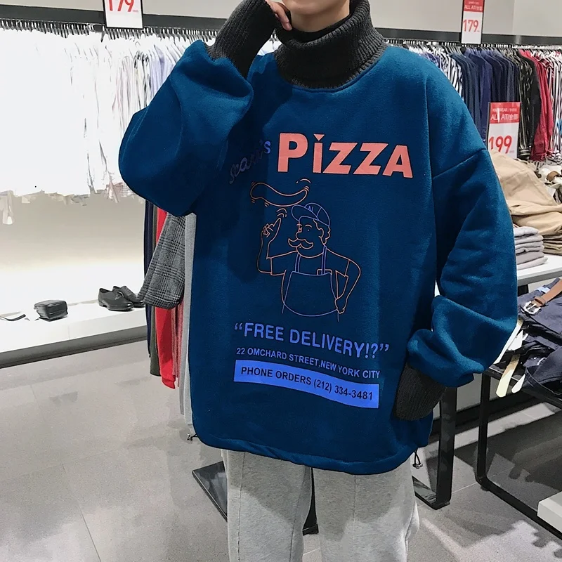 

E-BAIHUI Men's Hoodie 2020 Winter New Korean Printed Fleece Pullover Men's Loose Harajuku High Neck Pullover BF Jacket Q110402