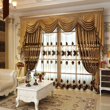 

European-style luxury brown curtains for living room bedroom embroidered gold curtain screens used for luxury curtains