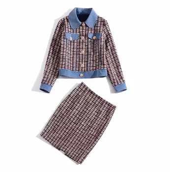 

European and American women's clothing 2019 winter new style Long-sleeved denim tweed jacket skirts Fashion suits