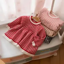 ; платья-свитера в клетку для маленьких девочек; вязаное шерстяное платье с длинными рукавами; милое платье для малышей; От 0 до 4 лет; E8814