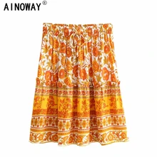 Винтажная шикарная Женская оранжевая юбка в стиле хиппи с цветочным принтом и кисточкой в стиле бохо, женские мини юбки из вискозного хлопка с высокой эластичной талией в богемном стиле