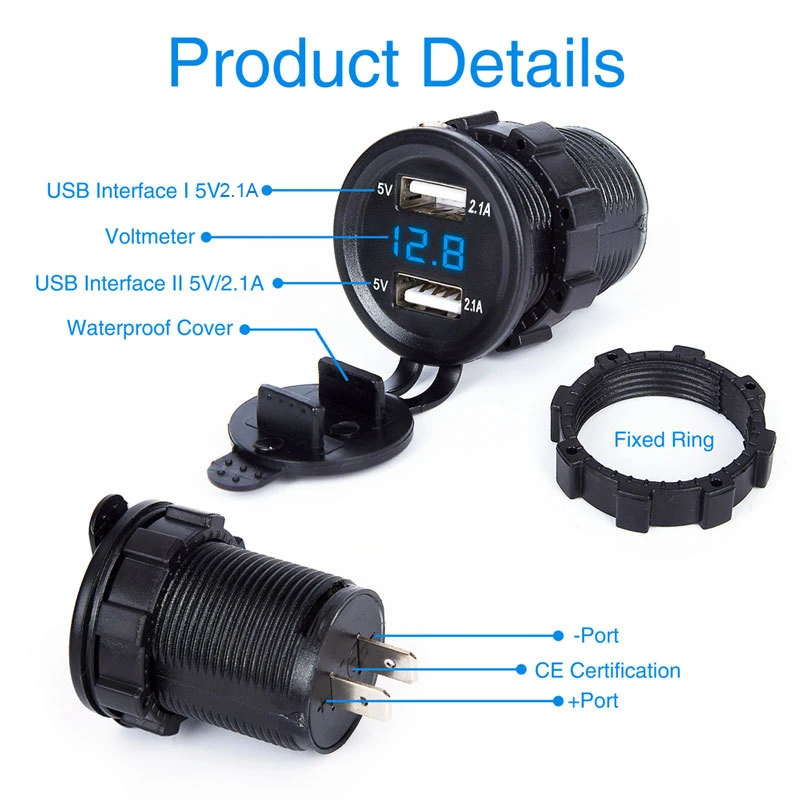 Двойной USB зарядное устройство переходник под розетку светодиодный дисплей с защитой от пыли выход 5V2. 1A/вход 12V24V разъем питания Автомобильные аксессуары для мотоциклов