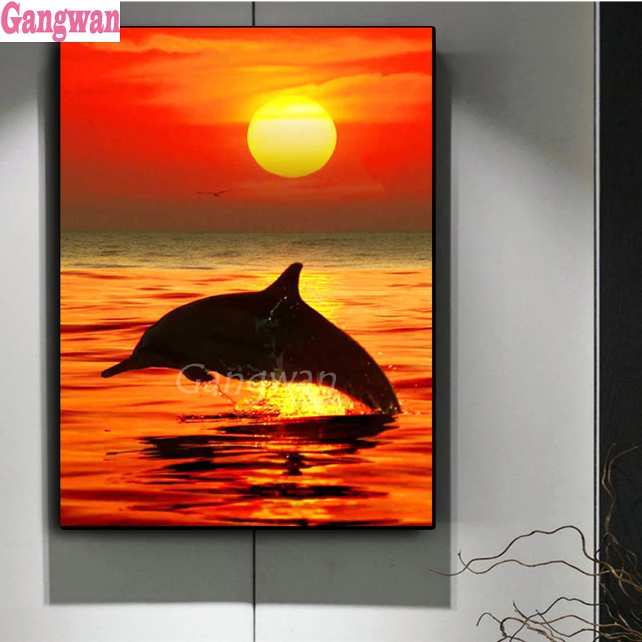 Diamond Embroidery Dolphin Marine Animals DIY Painting full drill Square round Mosaic Cross Stitch kits Sunset landscape | Дом и сад