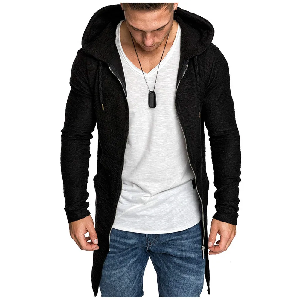 Dropshipping 2019 New Arrive Zipper Hoodies Men Long Jacket Men Slim Fit Hooded Trench Coat Men Hig