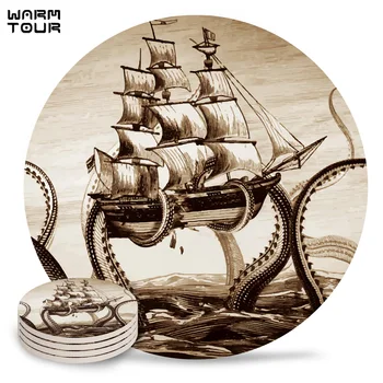 

4/6/8 PCS Pirate Ship Octopus Brown Sea Octopus Boat Placemat Ceramic Drink Coasters Table Decoration Absorbent Moisture