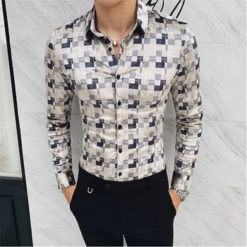 

Plaid printed shirt 2019 new men club clothing autumn winter thick gold velvet Slim printed shirt Camisas Hombre plus size M-4XL