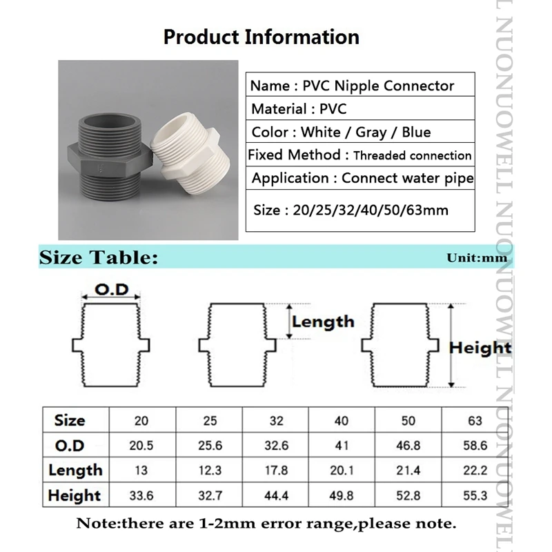 Connecteur De Mamelon En PVC Blanc à Double Filetage Mâle, 2