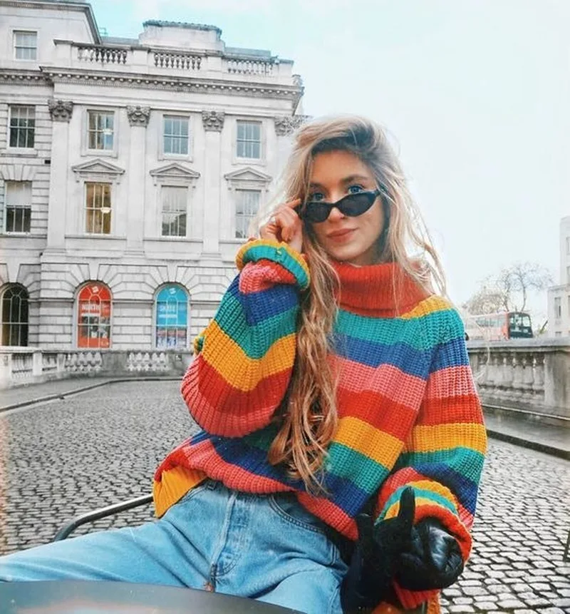 

Sweater women color striped knit pullover high collar autumn winter plus size sweater coat women christmas turtleneck sweater