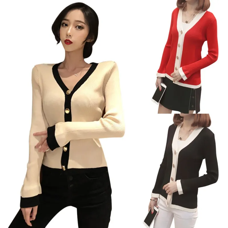 

Women's Casual Button Down Long Sleeve Color Block V Neck Knitted Coat Cardigan Knitwear Flare Sleeve Single Breasted