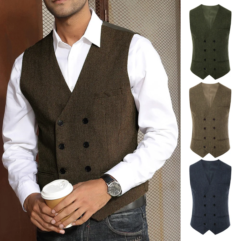 Men Clothing Double-Breasted Vest Coat Waistcoat V-Neck Handkerchief Hem Stylish Formal Office Business Cocktail Party Male Tops | Мужская