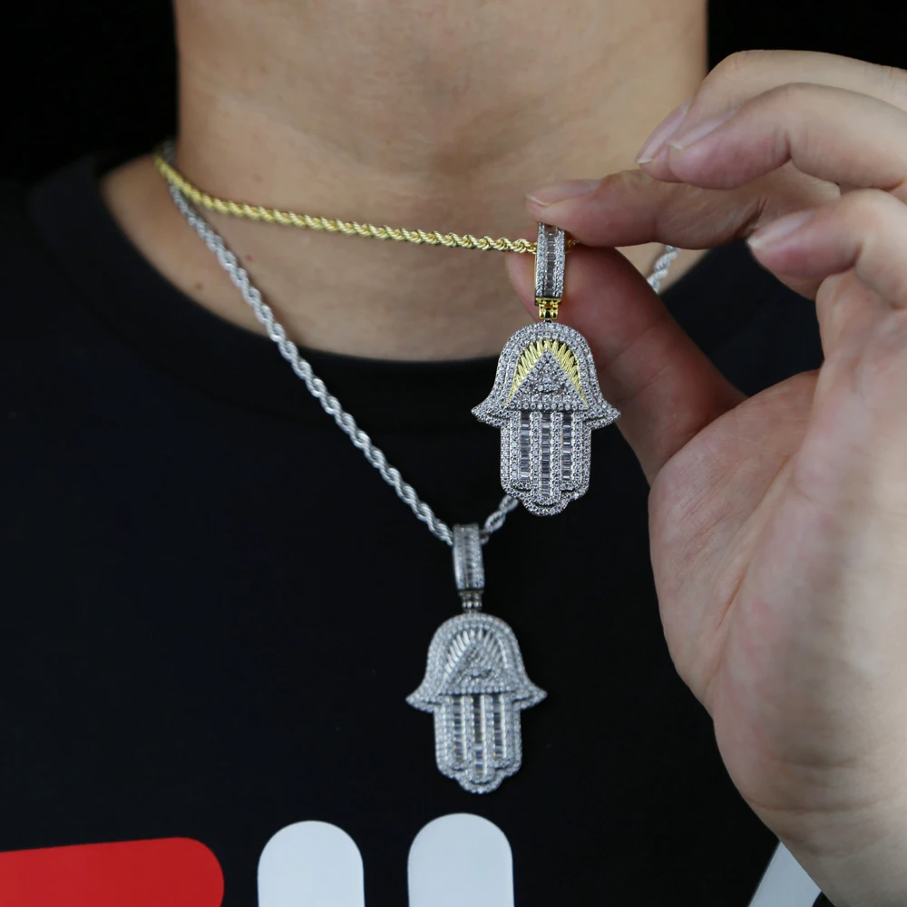 Iced out bling hamsa mão colar dois tons cor 5a zircão cúbico mau olhado  pingente hip hop turco sorte jóias para mulher - AliExpress, image size:1000x1000