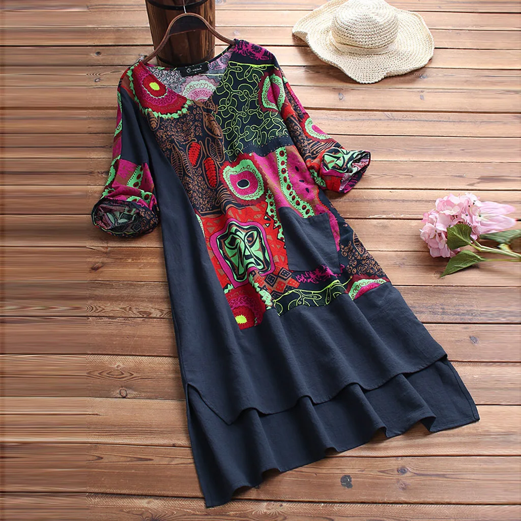 Женское летнее хлопковое льняное платье с коротким рукавом Vestido Robe Kaftan Femme винтажное праздничное платье с v-образным вырезом и цветочным принтом 5XL