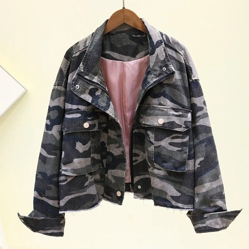 

Harajuku Vintage Camouflage Loose Big pocket Coat Casual New 2020 Autumn Frayed Short Bomber jacket Ropa De Mujer Female Outwear