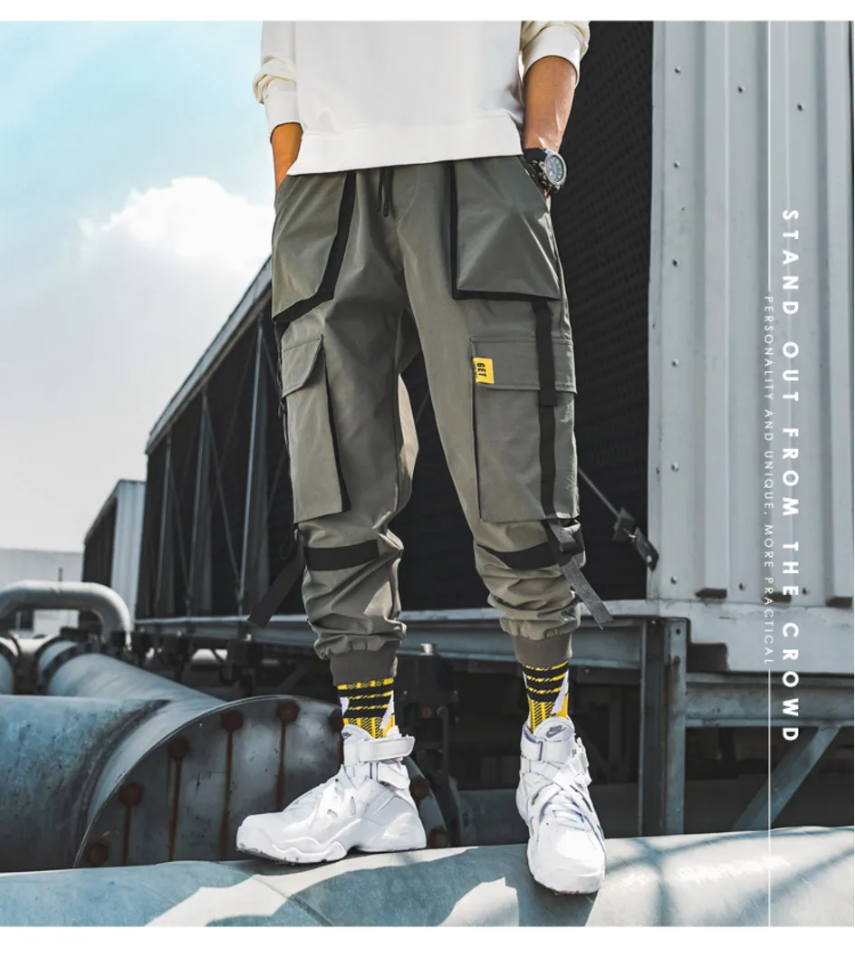 Мужские уличные брюки карго с лентами осенние штаны для бега в стиле хип-хоп черные модные мешковатые с карманами брюки