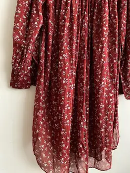 

Women Cotton Red Long Sleeve Dress Floral Printed O-neck Hem Split Irregular Female Robes 2020 Autumn with Buttons