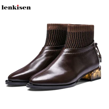 

Lenkisen soft sheep leather knitting socks boots pointed toe med heels concise lace up winter keep warm women ankle boots L95