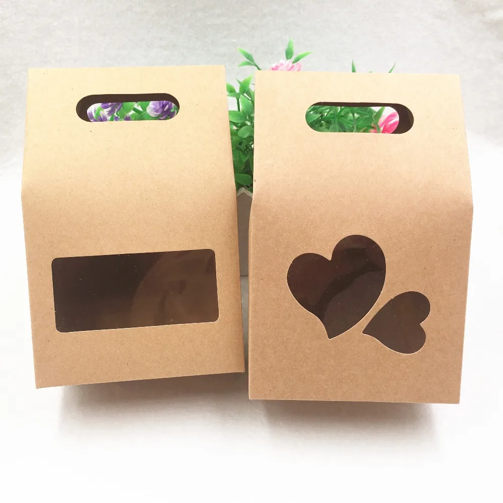 

12Pcs 10x6x16cm Kraft Paper Standing Cardboard Box Heart PVC Hollow Chocolate Candy Case Wedding Party Handle Paper Gift Box