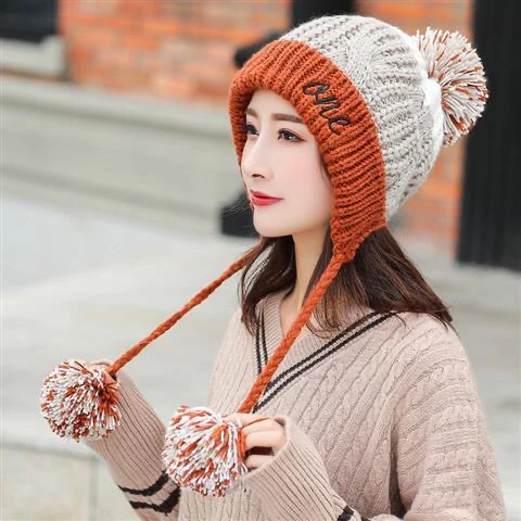 

Hat Women Winter Korean Version Thickened Warm Fashion Ear Protection Girl Lovely Ball Knitting Fluffy Color Matching Khaki