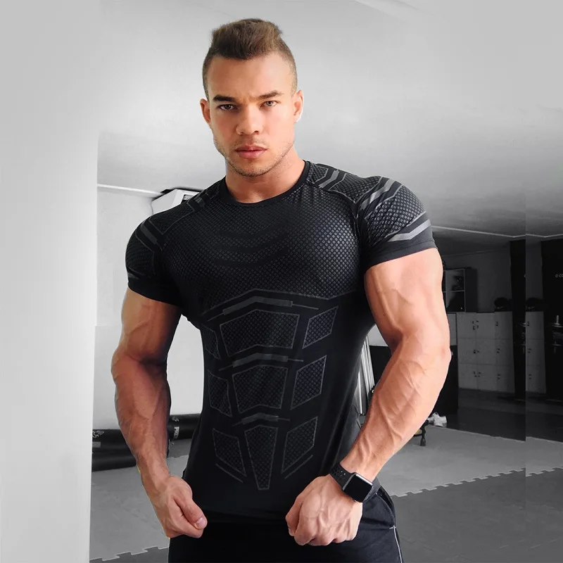 

Summer Quick-drying Short-sleeved Men's Muscle Fitness T-shirt Running Training Sports T-shirt Round Neck Top Mens Gym Shirt