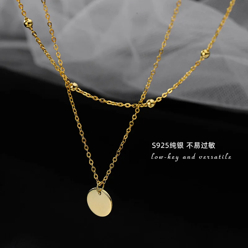 925 Sterling Silver Double Layer Choker Necklace Round Piece Pendant Necklaces Gift for Women Fine Accessories Jewelry