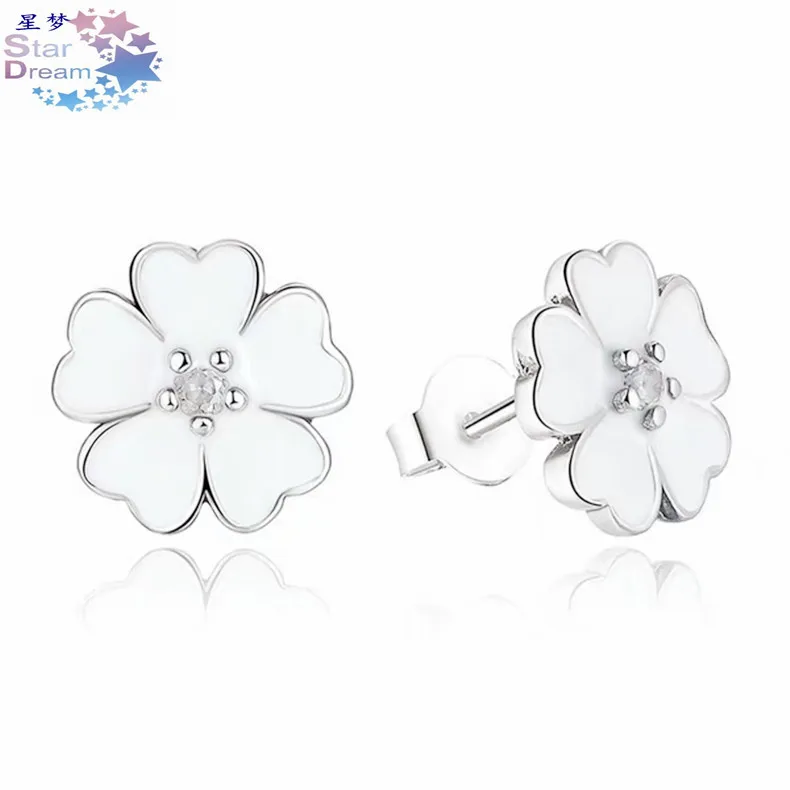 

Pan Dora 925 Sterling White Epoxy Diamond Set Clover Ear Stud bai sakura Heart Shape Petal Ear Stud Women's