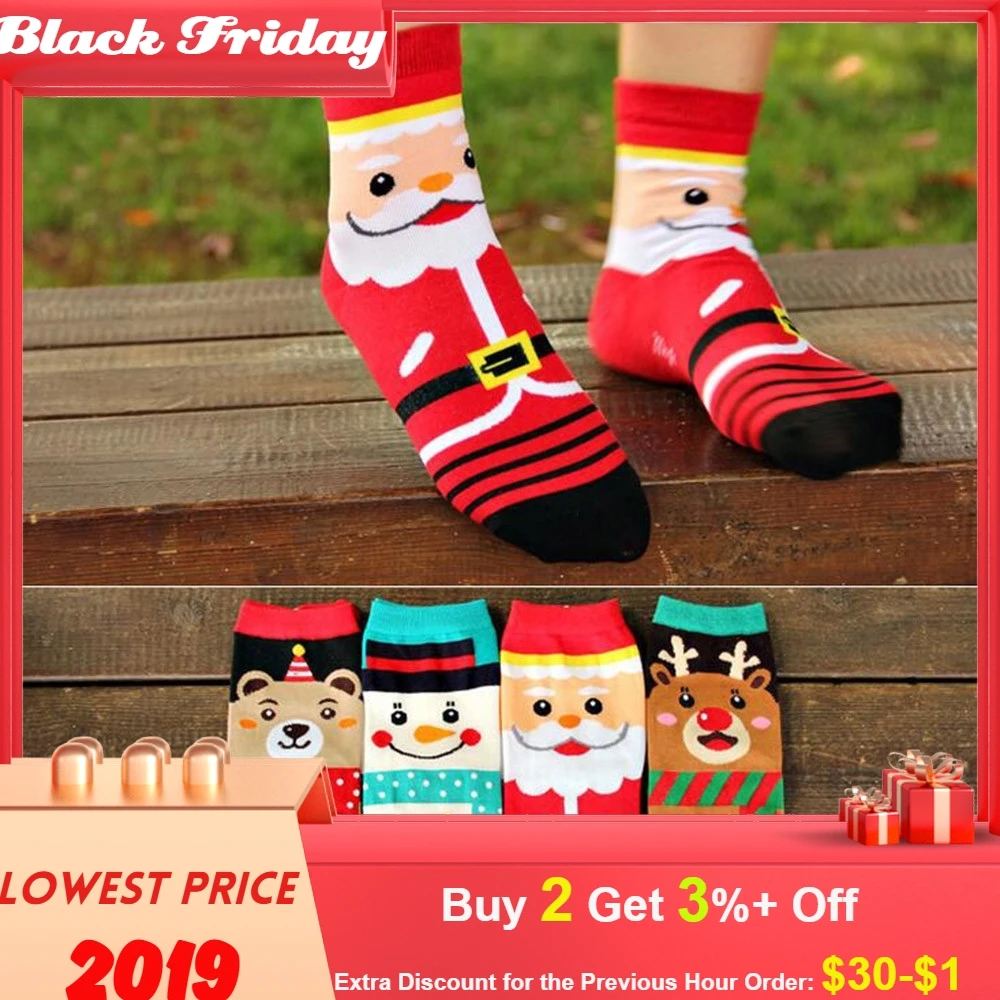 Рождественские носки, 4 шт., носки с изображением Санта-Клауса, снеговика, маленького медвежонка, лося, женские хлопковые носки для пола, Calcetines Mujer