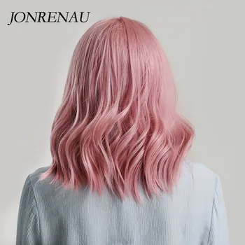JONRENAU High Quality Short Natural Wave Hair Synthetic Wigs with Neat Bangs for Women Pink Beige Brown 3 Colors for Choose 3