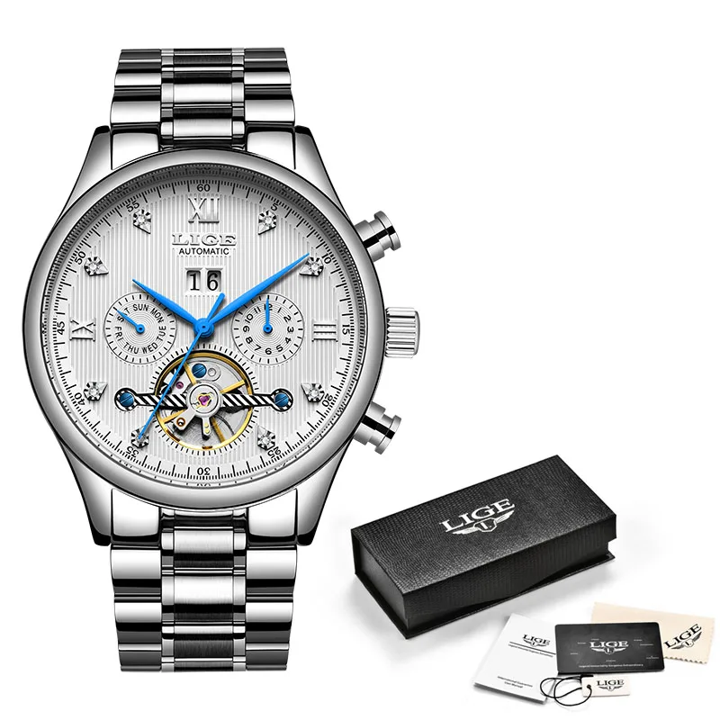 Мужские часы лучший бренд LIGE новые роскошные модные деловые автоматические механические часы мужские все стальные водонепроницаемые часы Montre Homme - Цвет: s silver white