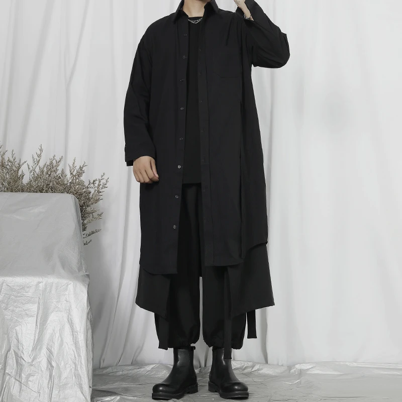 

Мужская рубашка с длинными рукавами, черная модная простая Свободная рубашка с длинными рукавами и разрезом, новинка на весну и осень