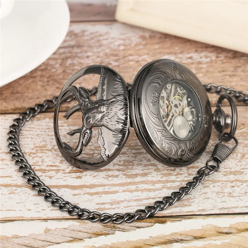 Steampunk Hollow Out Goat Handwinding Mechanical Pocket Watch for Men Women Roman Numeral Pendant Chain Relgio de bolso Gift