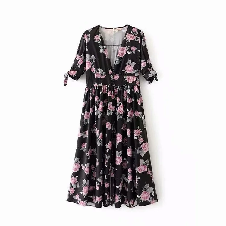 

Europe And America Summer New Style WOMEN'S Dress Versitile Fashion Slim Fit Slimming Deep V-neck High-waisted Flower Printed La