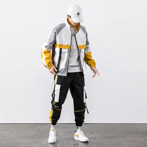 Hip Hop Workwear jacket Mens Tracksuit Jacket+Pants 2PC Sets baseball loose Zipper Ribbons Coat & Long Pants Mens Clothes