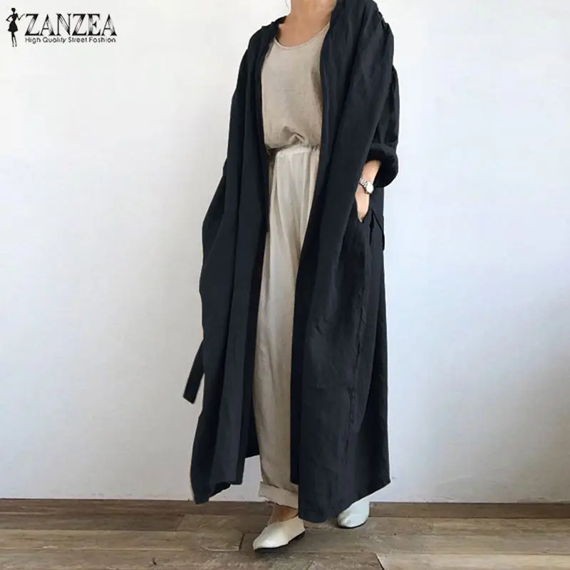 2021 ZANZEA Vintage Solid Lace Up Shirt Fashion Women Long Cardigan Autumn Sleeve Open Front Blouse Loose Tunic Top Kimono | Женская