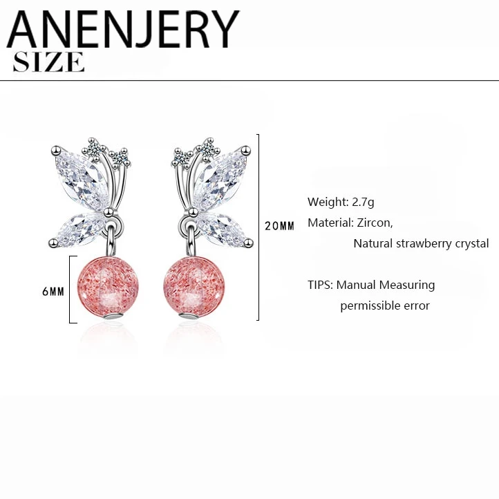 ANENJERY милые 925 пробы серебряные серьги для женщин Nnatural Клубника Кристалл серьги с бантами предотвратить аллергию S-E922